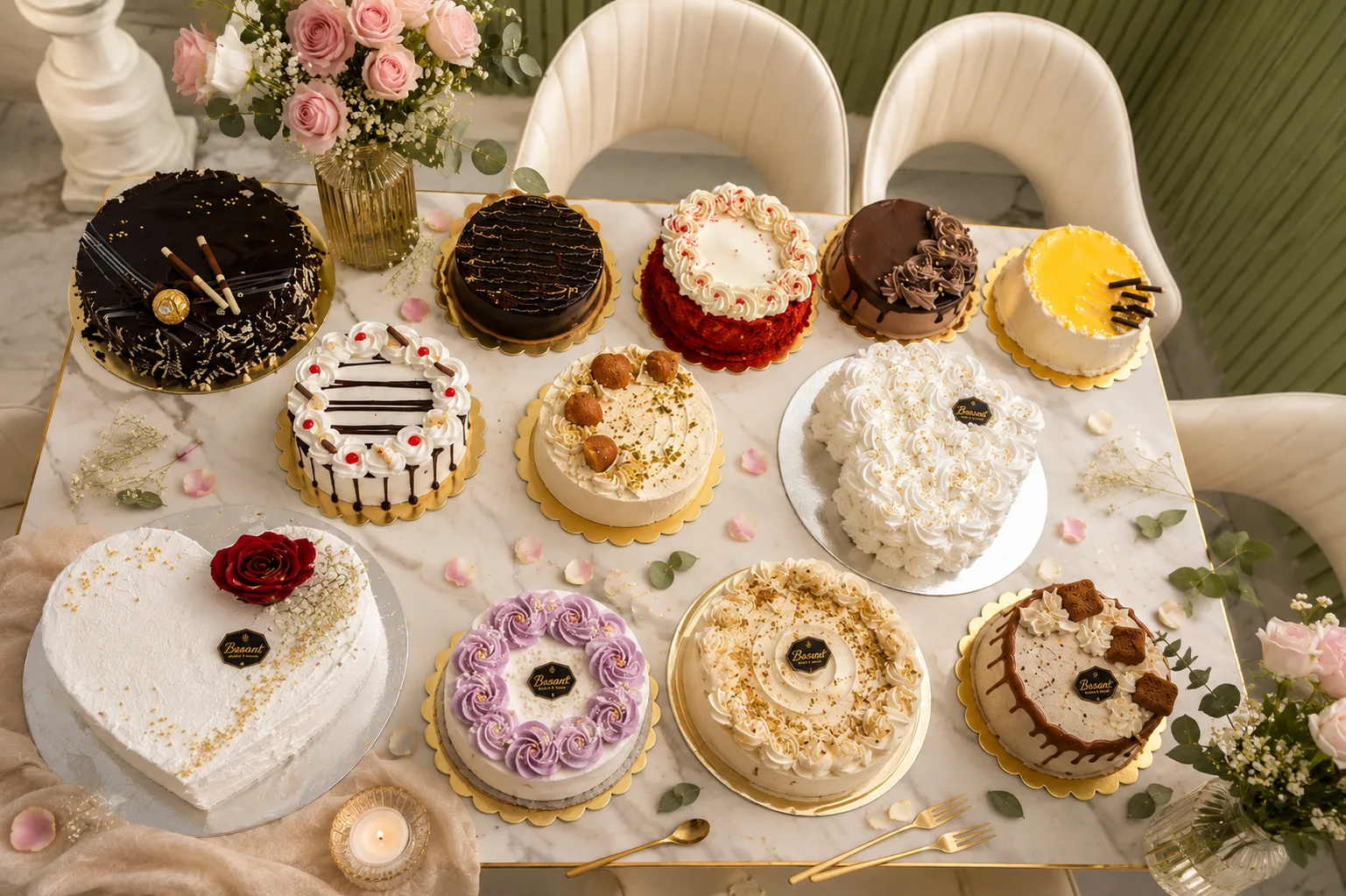 A luxurious table spread of Basant's signature cakes, decorated with roses and gold accents